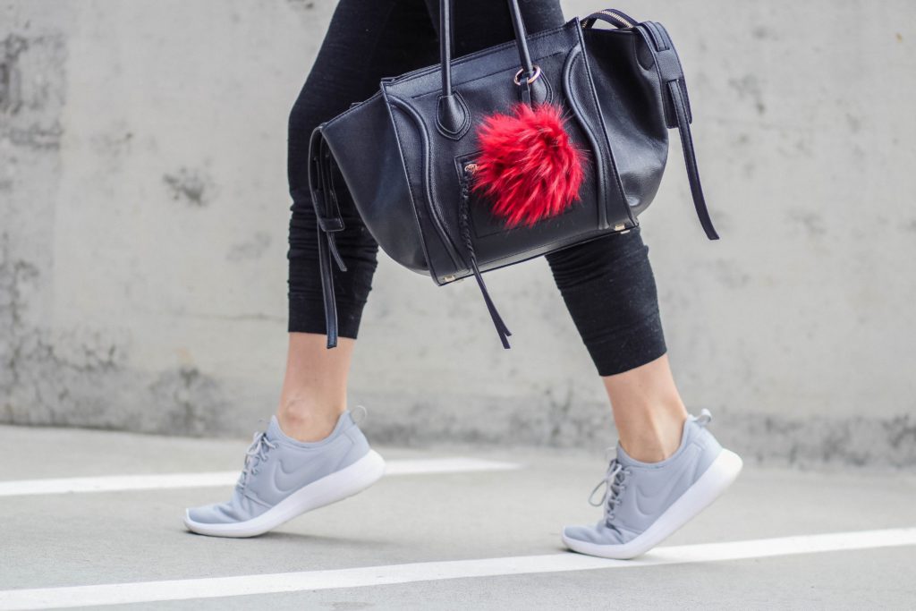 nike roshe shoes, bag with pom pom